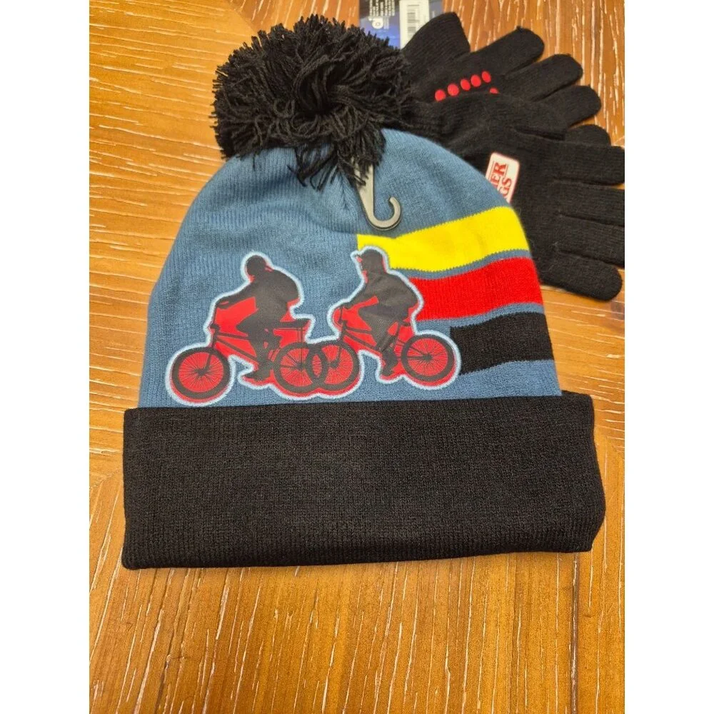 Stranger Things Kids Beanie & Gloves Set Black/Blue/Red Design Pom Pom Hat Netfl